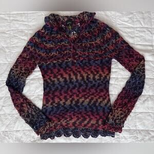 Vintage Colorful Gradient Crochet Open Knit Long Sleeve Sweater Y2K 70s - Small